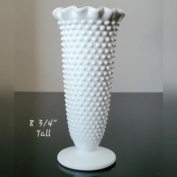 Vntg Fenton For L.E. Smith Hobnail White Milk Glass 8 3 /4" Crimped Edge Vase - Picture 3 of 14